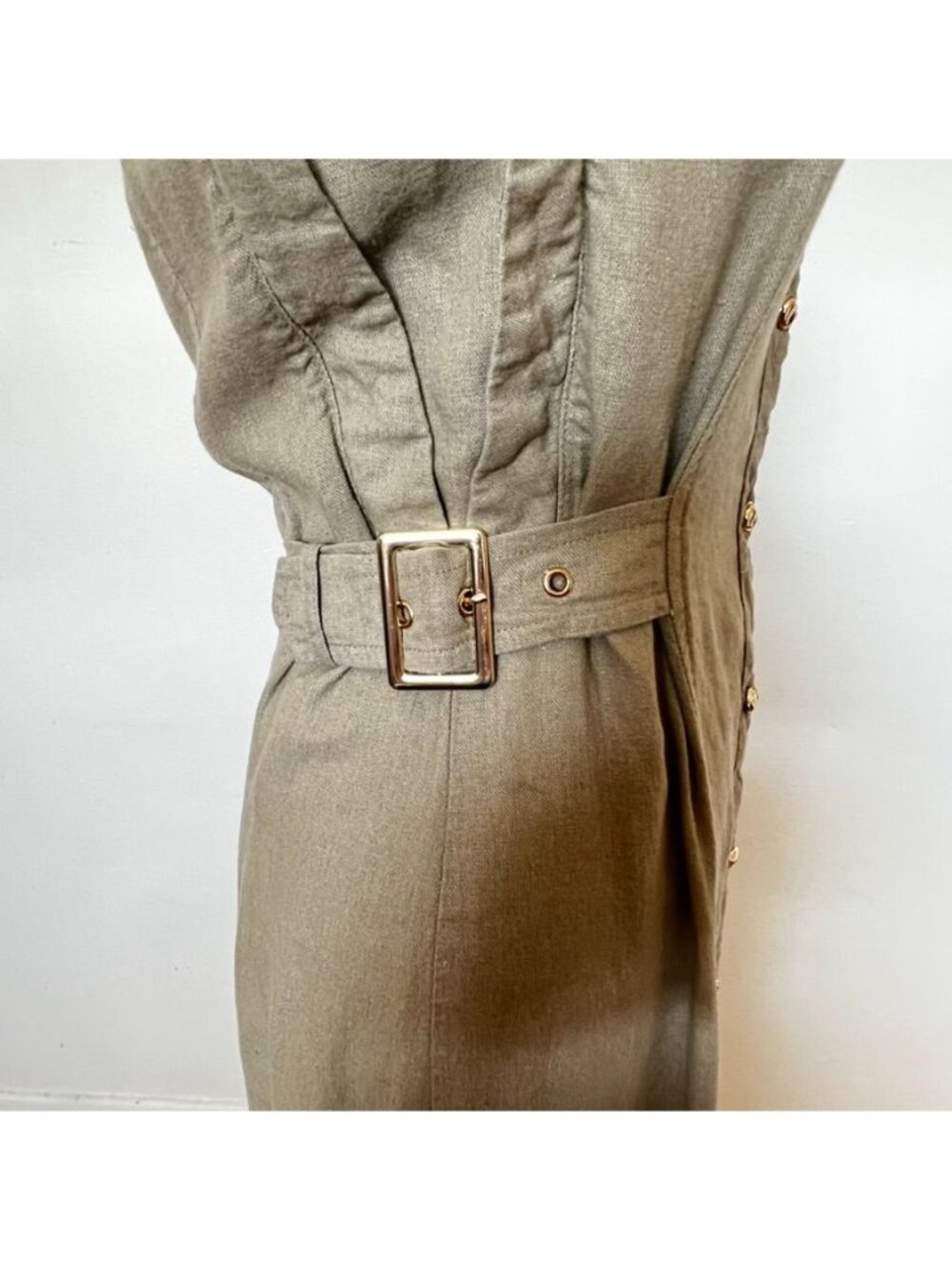 Zara Linen Shirt Dress XS Khaki Olive Euro Summer Safari Button Front Belted - Picture 10 of 16